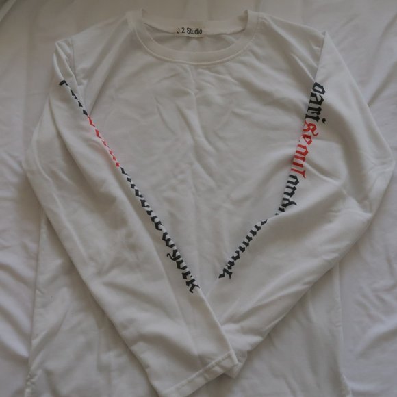 White Long Sleeve Tee with prints on the sleeve - Picture 2 of 4